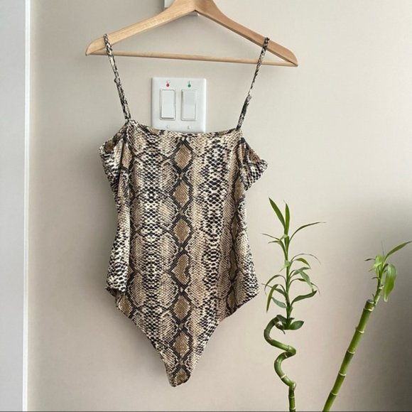 PRINCESS POLLY Brown Snakeskin Straight Neck Bodysuit - Picture 6 of 7